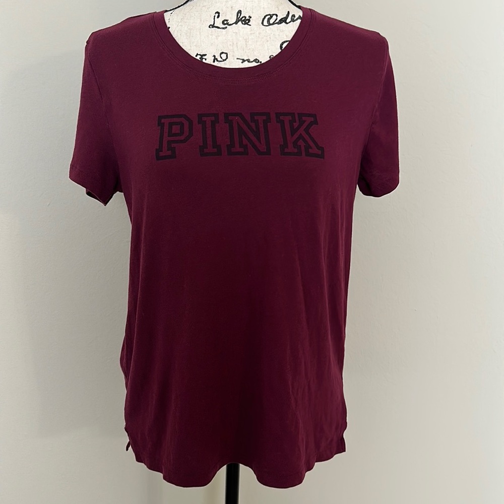 PINK Women's Burgundy Solid Logo Knit Crew Neck Short Sleeve T-Shirt M